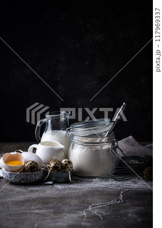 Baking ingredients with flour and eggs 117969337