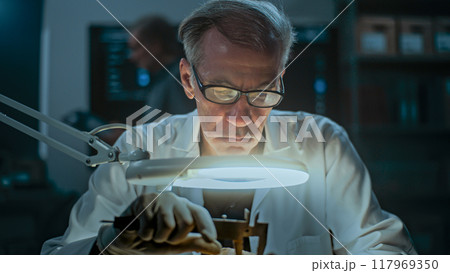 Senior archaeologist takes measurements of fossil skull in archaeological lab Senior archaeologist takes measurements of fossil skull in archaeological lab 117969350