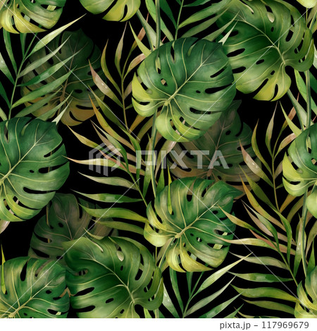 Dark seamless pattern with green monstera and palm leaves. Tropical botanical background. Suitable for making wallpaper, wrapping paper, fabric Dark seamless pattern with green monstera and palm leaves. Tropical botanical background. Suitable for making wallpaper, wrapping paper, fabric 117969679