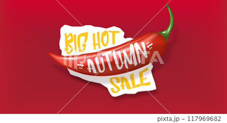 Super Big Hot Autumn sale horizontal banner with red chili cayenne pepper isolated on red background. Vector 3d horizontal seasonal Autumn hot sale poster, flyer, banner, tag and background. 117969682