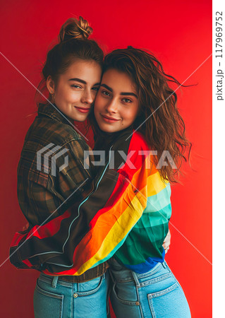 Lesbian couple hug with young women 117969752