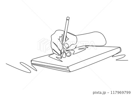 Continuous one line drawing of student school or collage hand gesture writing on an open note book to write business draft. Write business diary concept. Single line design vector graphic illustration 117969799
