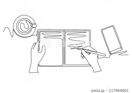Continuous one line drawing top view of hand writing gesture on book beside smartphone screen and cup of coffee or tea on work desk. Worker gadget. Single line draw design vector graphic illustration Continuous one line drawing top view of hand writing gesture on book beside smartphone screen and cup of coffee or tea on work desk. Worker gadget. Single line draw design vector graphic illustration 117969801