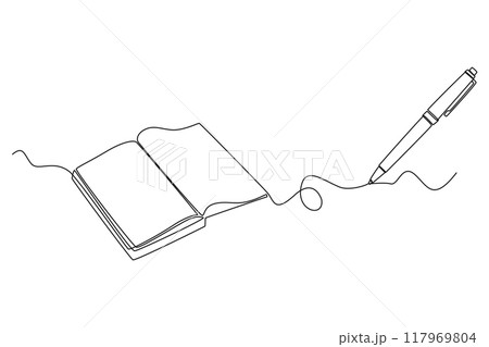 Single continuous line drawing of open book with pen or pencil above work desk. Education learning or writing business draft on office notes concept. One line draw graphic design vector illustration 117969804