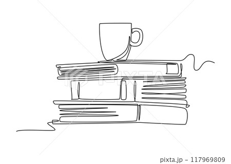 Single continuous line drawing cup of coffee or tea on pile of books on office desk. Work space table with books stack. Education and learning concept. One line draw graphic design vector illustration 117969809