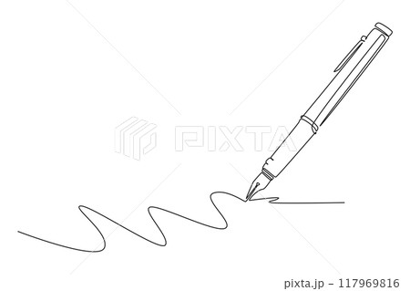 Single one line drawing vintage or retro ballpoint. Pen logo icon. Back to school or college equipment stationery. Education learning concept. Continuous line draw design graphic vector illustration Single one line drawing vintage or retro ballpoint. Pen logo icon. Back to school or college equipment stationery. Education learning concept. Continuous line draw design graphic vector illustration 117969816