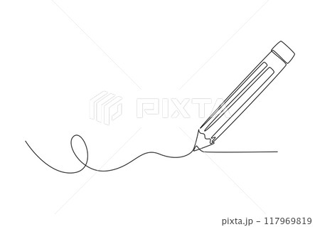 Single one line drawing wooden pencil for writing on paper book. Back to school or college concept. Education knowledge learning for all. Modern continuous line draw design graphic vector illustration 117969819