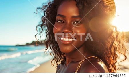 Woman in White Bikini on Beach 117969825