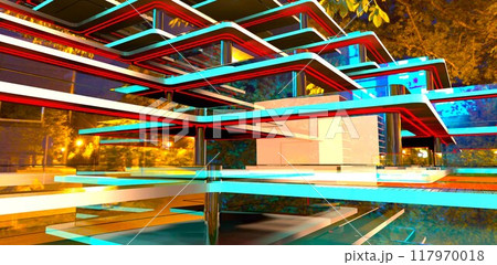 A countryside hotel with an innovative facade design. A play of nighttime colors. 3D rendering. 117970018