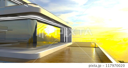 A stunning view from the wooden terrace of a high-rise hotel in Beijing. The reflection of clouds in the building's glass facade. 3D rendering. 117970020