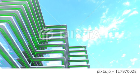 Design of an elite high-tech condominium for apartment rentals. Green exterior lighting. View from below. 3D rendering. 117970028
