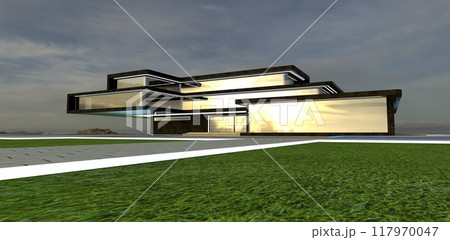 Reflection of the setting sun behind mountain peaks on the glass facade of a luxurious country estate with a black marble exterior. 3D rendering. Reflection of the setting sun behind mountain peaks on the glass facade of a luxurious country estate with a black marble exterior. 3D rendering. 117970047
