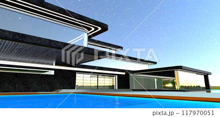 The nighttime LED lighting of the black marble exterior perfectly complements the design of the panoramic mirrored windows in the upscale country estate. 3D rendering. The nighttime LED lighting of the black marble exterior perfectly complements the design of the panoramic mirrored windows in the upscale country estate. 3D rendering. 117970051