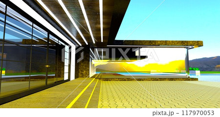 The rising sun behind the mountains reflects in the mirrored facade of the estate, casting glimmers on the black marble wall. 3D rendering. The rising sun behind the mountains reflects in the mirrored facade of the estate, casting glimmers on the black marble wall. 3D rendering. 117970053