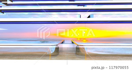 Two adjacent terraces with glass railings. The facade of a luxury apartment building for rent in Florida. 3D rendering. 117970055