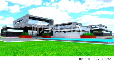 Visualization of an architectural project for a private gated club complex with a combined exterior cladding. 3D rendering. Visualization of an architectural project for a private gated club complex with a combined exterior cladding. 3D rendering. 117970062