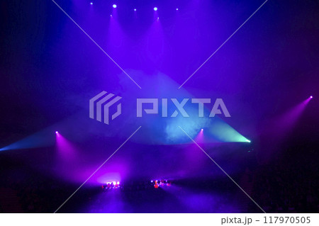 Multi-colored rays of light from stage spotlights. Multi-colored rays of light from stage spotlights. 117970505