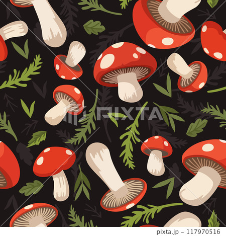 Vector seamless pattern with bright fly agaric mushrooms and forest green branches on black background 117970516