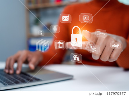 Business Woman showing key and network security represents protection against cyber attacks and online hacking, Protection against external hacks, Cybersecurity and privacy concepts to protect data. 117970577