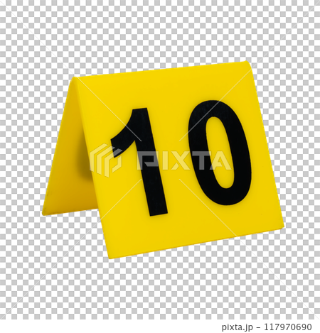 Crime scene investigation. Yellow evidence identification marker on transparent background number 10 Crime scene investigation. Yellow evidence identification marker on transparent background number 10 117970690