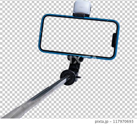 Selfie stick and smartphone on transparent background with transparent cut out screen. 117970693