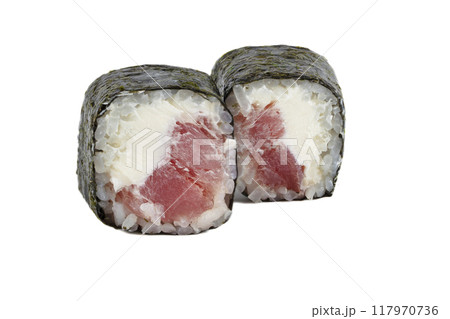 Sushi closeup isolated on white background. Sushi with seaweed nori, tuna rice and Philadelphia cheese. 117970736
