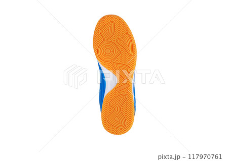 Polyurethane shoe soles on a white background. 117970761