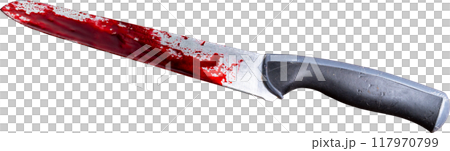 Kitchen knife with red blood stains on an isolated white background. 117970799