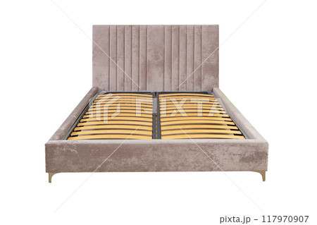 Brown double bed with wooden base without mattress. Brown double bed with wooden base without mattress. 117970907