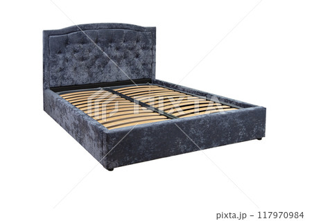 Gray double bed with wooden base without mattress. Gray double bed with wooden base without mattress. 117970984
