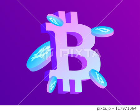 Gradient 3D Bitcoin symbol with 3D coins. Purple, blue and pink gradient. 3D coins with Bitcoin symbol. Design for banners, posters and advertising products. Vector illustration Gradient 3D Bitcoin symbol with 3D coins. Purple, blue and pink gradient. 3D coins with Bitcoin symbol. Design for banners, posters and advertising products. Vector illustration 117971064