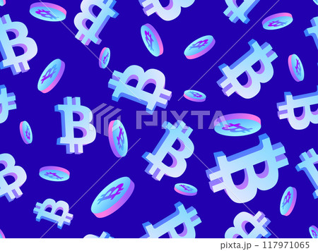 3d coins and Bitcoin symbol seamless pattern. Cryptocurrency coin in isometric style. Crypto trading. Colorful gradient. Design for wallpaper, banners, covers or posters. Vector illustration 3d coins and Bitcoin symbol seamless pattern. Cryptocurrency coin in isometric style. Crypto trading. Colorful gradient. Design for wallpaper, banners, covers or posters. Vector illustration 117971065