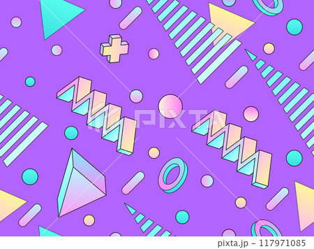Geometric seamless pattern with 3d shapes in 80s style. Colorful gradient geometric pattern in isometric style. Design of promotional products, wrapping paper and printing. Vector illustration Geometric seamless pattern with 3d shapes in 80s style. Colorful gradient geometric pattern in isometric style. Design of promotional products, wrapping paper and printing. Vector illustration 117971085
