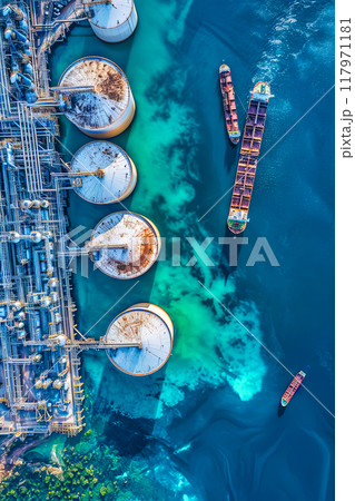 Aerial view of an oil terminal storage tank 117971181