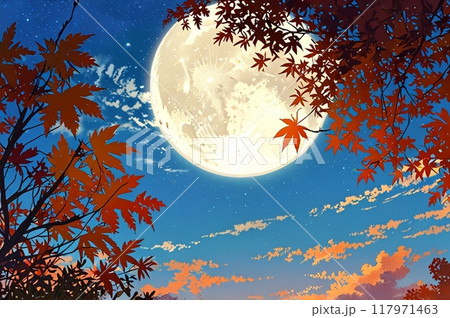 満月と紅葉と空　秋のイメージイラスト 117971463