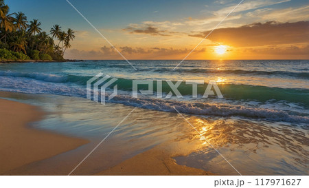 Beautiful sunset over the sea with a view at coconut palms on the white beach. AI Generative 117971627