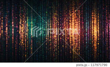 Simulation of  flowing stream of binary code data illuminated by soft glowing light. Generative AI. 117971790