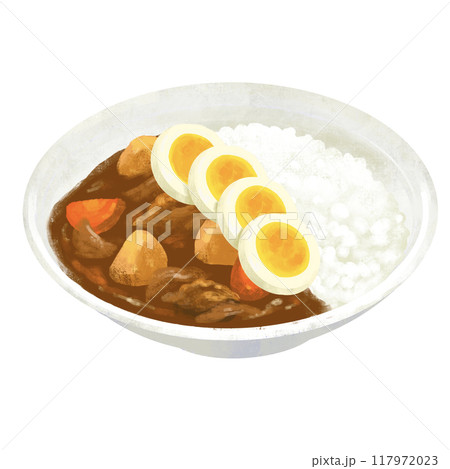 ゆで卵をトッピングしたカレー　カレーライスのイラスト 117972023