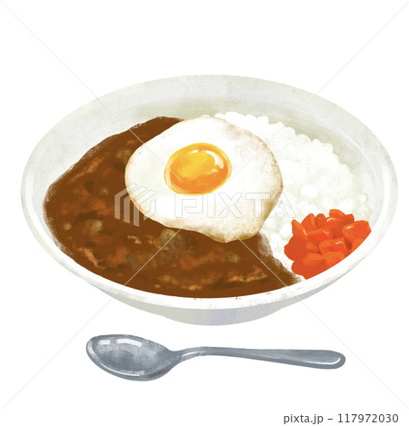 目玉焼きをトッピングしたカレー　カレーライスのイラスト 117972030