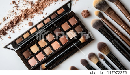 Creative makeup arrangement featuring a palette and brushes for cosmetic application 117972276