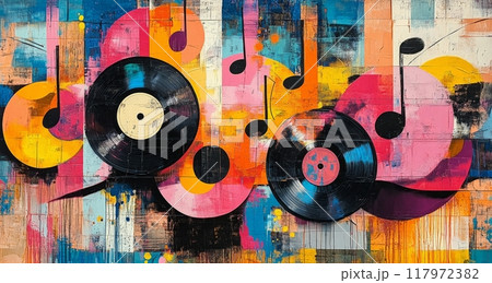 Colorful abstract mural featuring vinyl records and musical notes on a vibrant background Colorful abstract mural featuring vinyl records and musical notes on a vibrant background 117972382