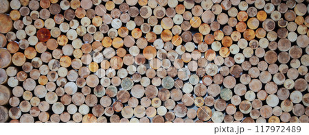 Background of wooden round logs neatly folded. 117972489