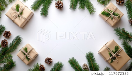 Colorful wrapped gifts arranged with pine branches and pine cones for a festive celebration 117972583