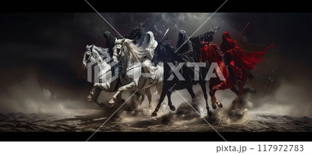 Four Horsemen of the Apocalypse riding fast on a barren landscape Four Horsemen of the Apocalypse riding fast on a barren landscape 117972783