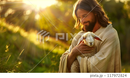 Jesus Christ as Shepherd, Lord and Saviour, gently holding a lamb with a sense of love, affection, protection and care 117972824