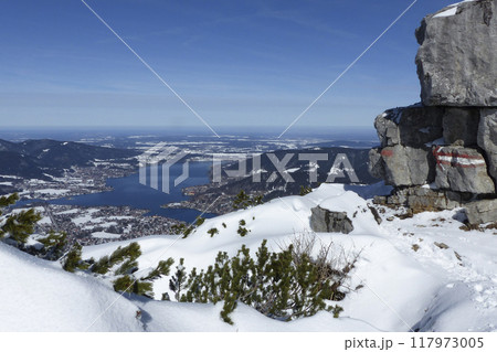 View from Wallberg  mountain to lake Tegernsee, Bavaria, Germany 117973005