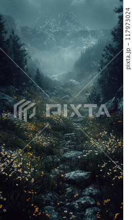 Rocky path leading to snowy mountains under a cloudy sky 117973024