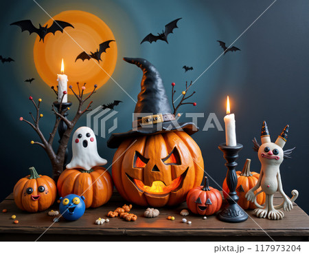 不気味可愛いクレイ人形とジャックオランタンかぼちゃの大集合背景画像 ハロウィン クレイメーション 117973204