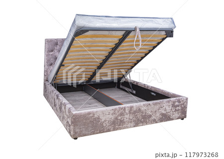 Double bed with a soft headboard and a lifting mechanism. Cushioned furniture. 117973268