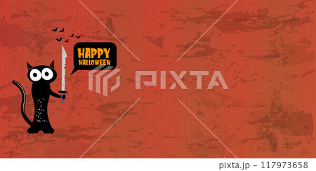 Happy halloween greeting card or banner with Black cat holding bloody knife isolated on orange background. Funny Halloween black cat holding a bloody knife . Halloween vector design template 117973658